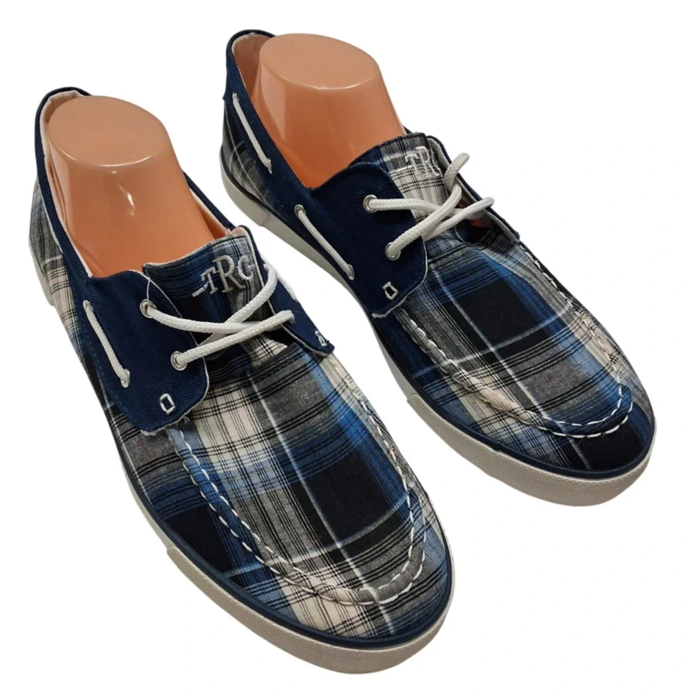 TRC The Riding Club Plaid Boat Shoes Mens Size 12 Blue Casual Deck Lace Up New